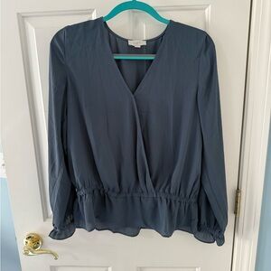 LOFT Steel Blue V-Neck Snap Blouse